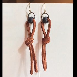 ARTISAN Chestnut Brown Leather Knot Lava Bead on Bronze Earrings 3 1/2”